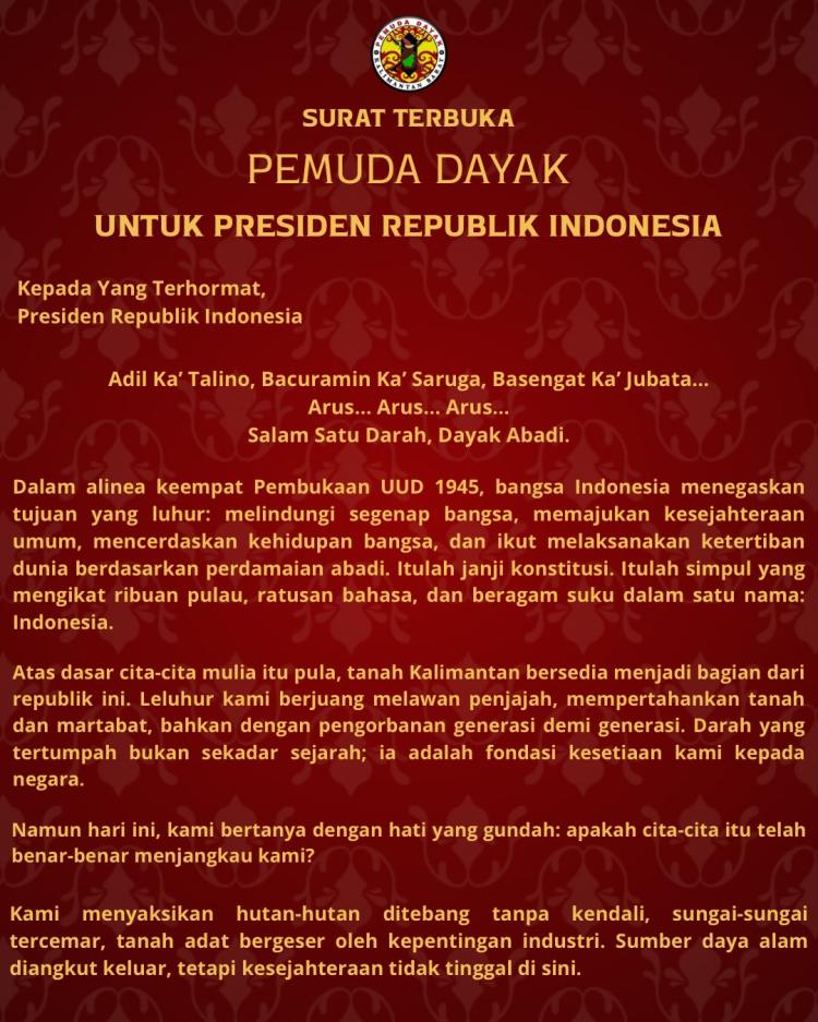 Pemuda Dayak Sampaikan Surat Terbuka untuk Presiden, Soroti Ketimpangan dan Kerusakan Lingkungan di Kalimantan